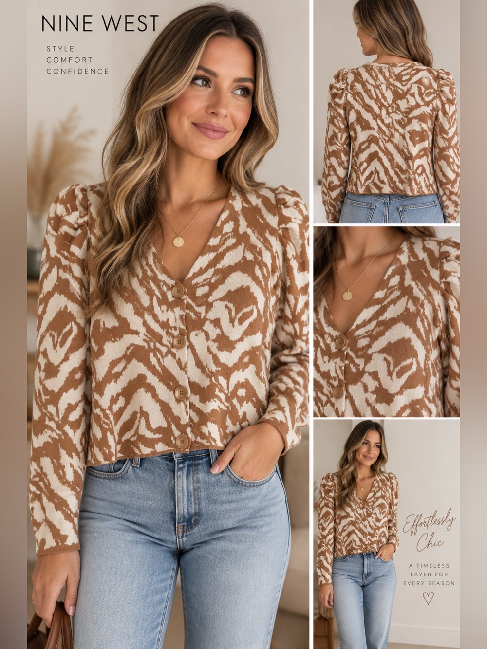 Nine West Tan & Cream Abstract Print Puff Sleeve Cardigan Size Small